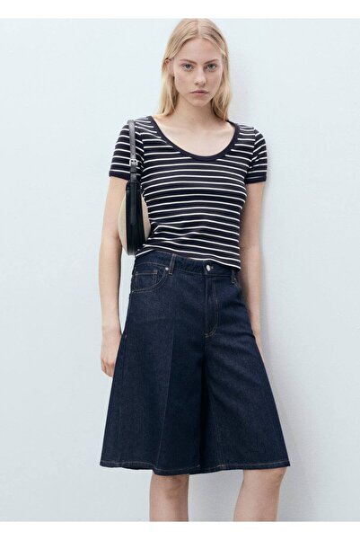 MANGO Woman Gestreiftes Baumwoll-T-Shirt mit tiefem Ausschnitt