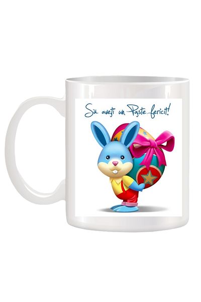 OEM Cana albă personalizată de Paște cu imagine iepuraș și ou colorat, INOVATIX. 330 ml