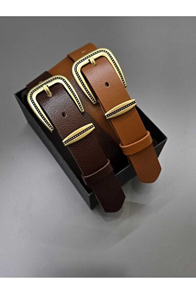 Kemerix 100% Genuine Leather Antique Coated Buckle Bitter Brown-Tan 2-Piece Belt Set