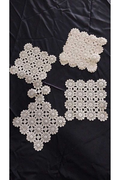 Papatyam Hand Knitted Crochet 5Pcs Lace (18X18) 1Pcs (50X23)Handcrafted Lace/Dowry Lace/Vintage/Cotton Rope