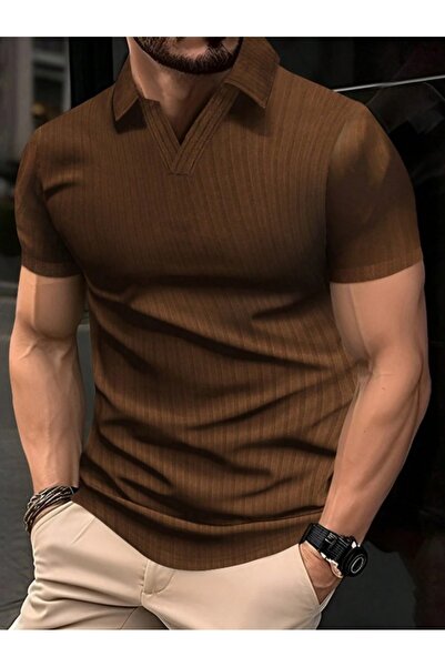 TEXTURA Унисекс мъжка и дамска калъфка с ребра и поло яка, кафява тениска