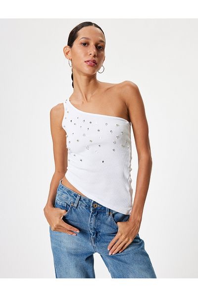 Koton New Season One Shoulder Tank Top Sleeveless Stone Embroidered Asymmetrical Cut Slim Fit