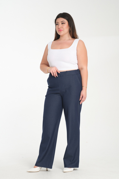 Gül Moda Büyük Beden İpek Kot Pantolon Beli Lastikli Lacivert g116-2
