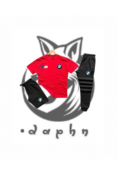 TEXTURA New Season Unisex Oversize Bmw Outfit: Red T-Shirt, Shorts and Sweatpants Set (Triple)