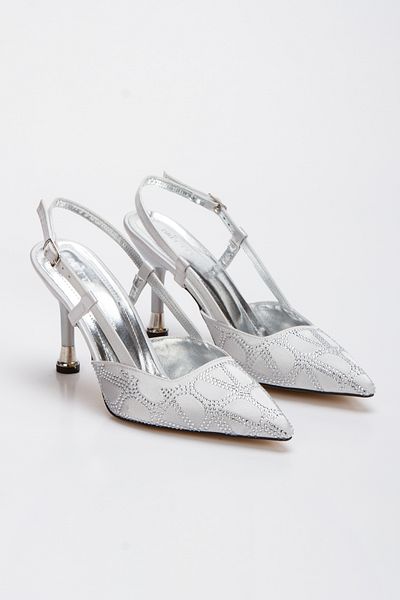 MFT AYAKKABI Women's Stone Embroidered Evening Dress Shoes Silver Satin