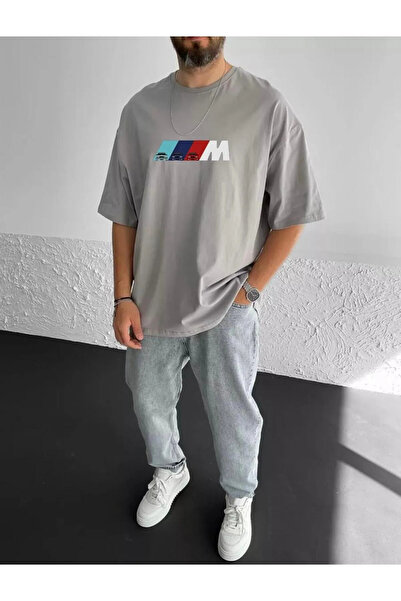 TEXTURA تي شيرت رمادي كبير الحجم للرجال والنساء من الموسم الجديد مطبوع عليه BMW