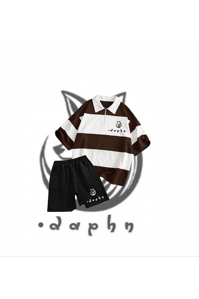 TEXTURA Striped Oversize Polo Neck Brown Daphn Fox Daphn Printed T-Shirt Shorts (Black) Set of 2