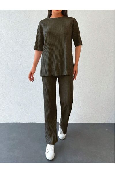 TEXTURA   Women's Brown Corduroy Cycling Set: Collar, T-Shirt and Jogger Sweatpants (2 Pieces)