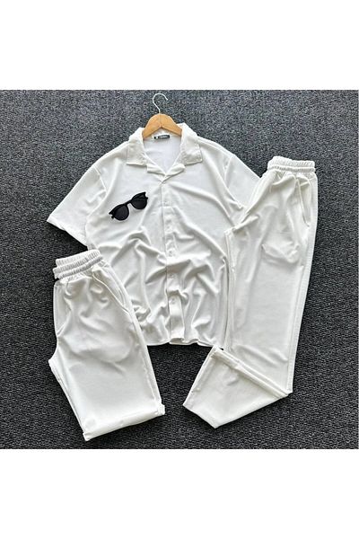 TEXTURA New Season Men's - Women's Relaxed Fit Loose White Shirt Shorts Trousers Set Triple Combination Set