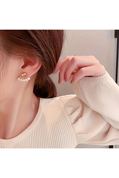 toptanhanem İnci ve Kalp Detaylı Altın Kaplama Çelik Küpe - Minimalist Tasarım