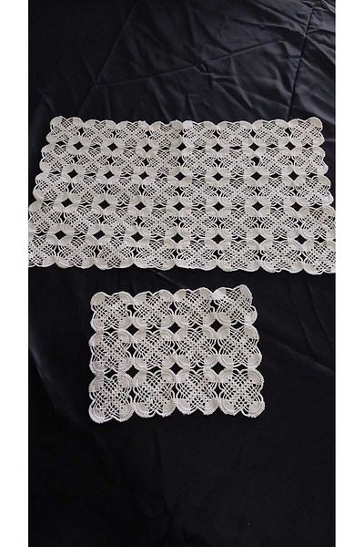Papatyam Hand Knitted Crochet - 1 Piece Lace/Dowry 50X30 and 23X17 Vintage Cotton