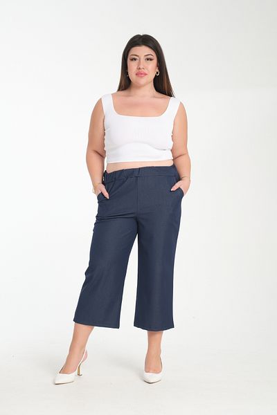 Gül Moda Silk Jeans Capri Plus Size Elastic Waist Navy Blue G117-1