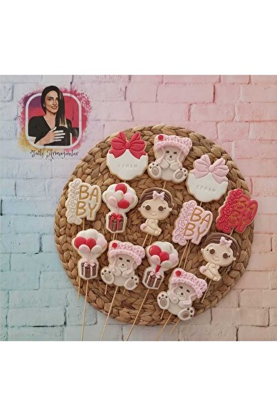 Tatlı Armağanlar Çubuklu İsimli Yenidoğan Baby Yazılı Balonlu ve Ayıcıklı Model Butik Kurabiye - 15 Adet
