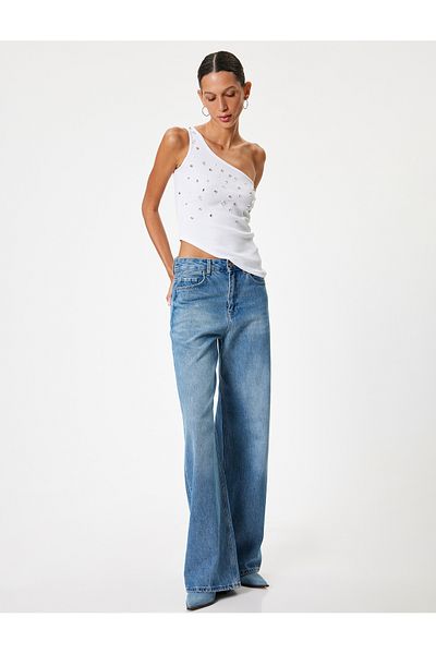Koton New Season One Shoulder Tank Top Sleeveless Stone Embroidered Asymmetrical Cut Slim Fit