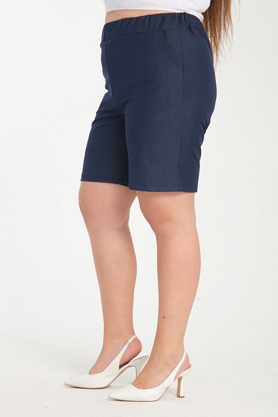 Gül Moda Silk Denim Shorts Large Size Elastic Waist Navy Blue G118-1