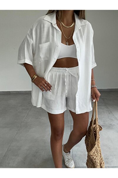 Paw Garage طقم شورت قميص كتان ليكاردي للسيدات، طقم صيفي كتان كبير الحجم