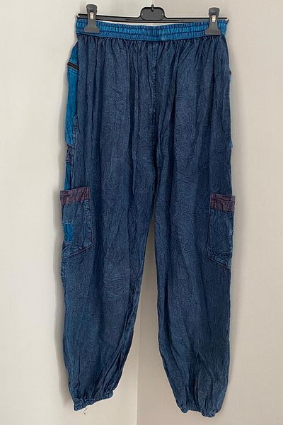 AYASOFYA OTANTIK Unisex Nepalese Blue Ethnic Loose Hippie Bohemian Trousers with Elastic Waist and Legs and Zipper Pockets