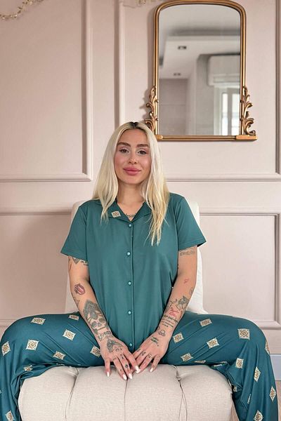 Pijamaevi Emerald Mosaic Exclusive Front Buttoned Women's Pajama Set