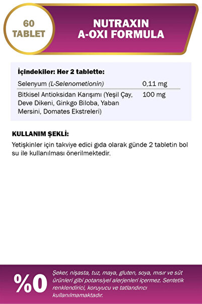 Nutraxin A-Oxi Formula Glutathione Resveratrol 60 Tablet Astaksantin Q-10 Çinko Bakır Selenyum