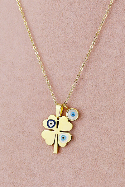 Keyifli Hayaller 316L Nazar Boncuklu 4 Yapraklı Yonca Çelik Gold Kararmaz Zin...