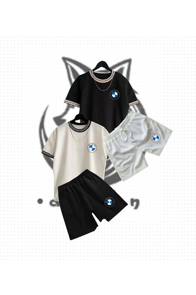 TEXTURA Men's 4-Piece Black - White Bmw Printed Oversize Collar Detailed Summer T-Shirt & Shorts Set