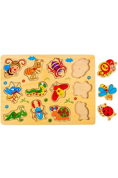 OEM Puzzle din Lemn cu insecte, 12 Piese, Multicolor, 30x22cm, Varsta 3+ Ani