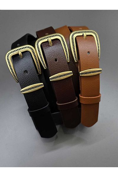 Kemerix 100% Genuine Leather Antique Coated Buckle Black-Tan-Angle Brown 3-Piece Belt Set
