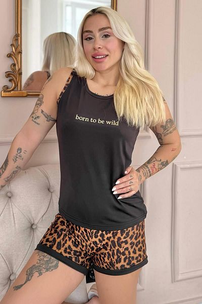 Pijamaevi Black Born to Be Wild Leopard Patterned Zero Sleeve Shorts Knitted Women's Pajama Set