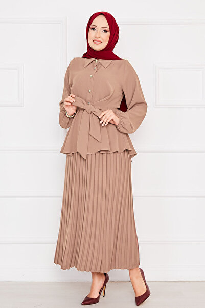 EBRUTESETTÜR Kendinden Kuşaklı Piliseli Tesettür Takım Vizon