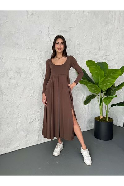 Elif Özbey Butik Καφέ Modal Φόρεμα με σχισμή μπροστά