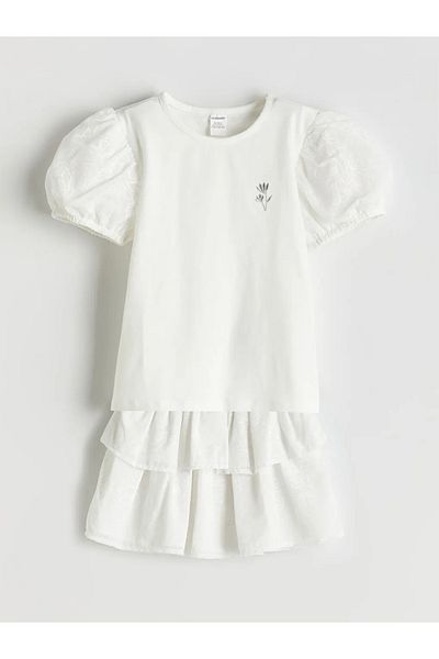 LC Waikiki Lcw Kids Ecru Floral Embroidered Girl's Blouse and Skirt 2-Piece