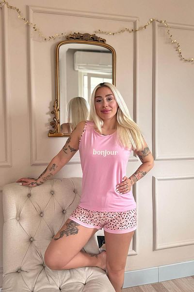 Pijamaevi Pink Bonjour Patterned Knitted Women's Pajama Set with Zero Sleeve Shorts