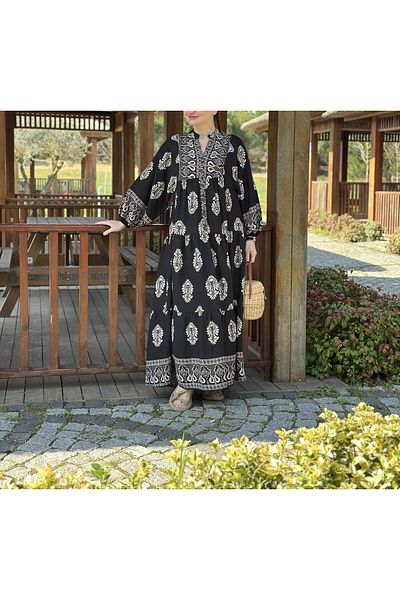 Lavanta Tekstil Viscose Authentic Pattern Black Dress
