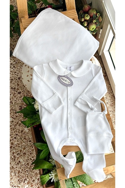 Happy Moon Bebek Giyim %100 Pamuk Düz Beyaz Tulum Süsleme Tasarım Zıbın Şapka...