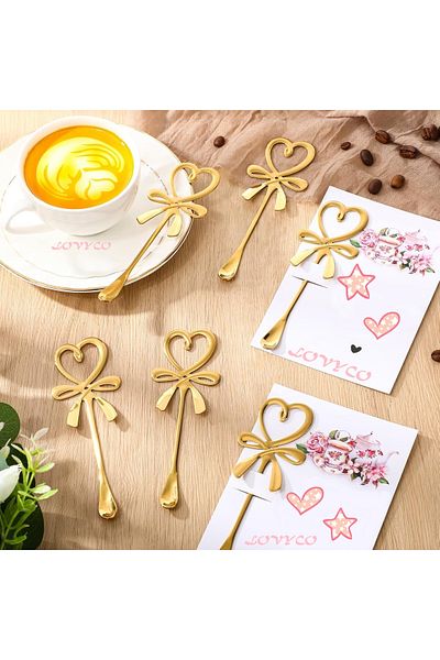 LOVYCO Gold Heart Shaped Mini Coffee, Tea Presentation Spoon, Mini Heart Love Spoon 6 Pieces
