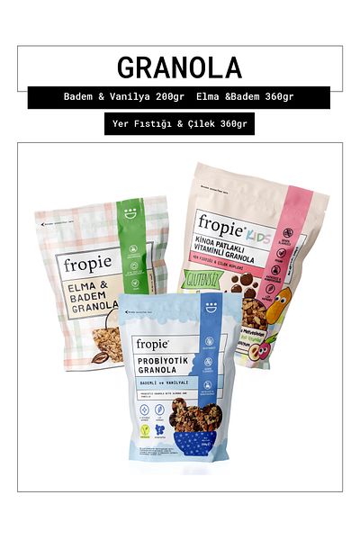 FROPİE Fropie Probiotic Almond & Vanilla - Apple & Almond - Kids Peanut & Strawberry Cubes Granola Set of 3