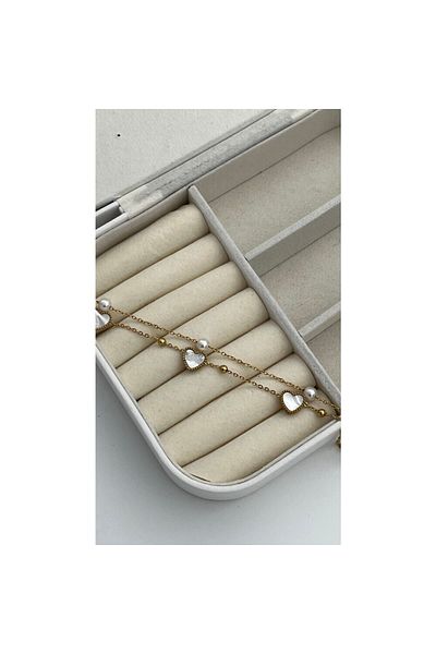 ParlaTakıAksesuar Gold Color Steel Pearl Mother of Pearl and Heart Double Anklet