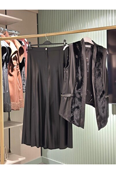 Otto Fur Detailed Leather Vest Skirt Set