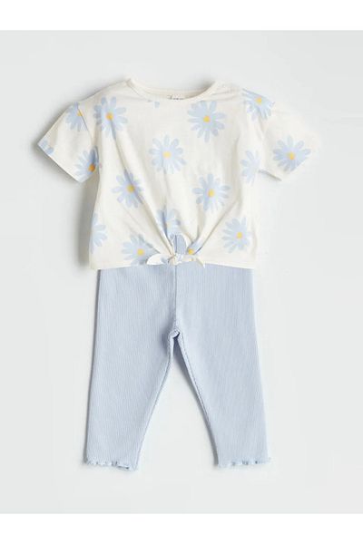 LC Waikiki Lcw Baby Beige Crew Neck Floral Girl's T-Shirt and Leggings 2-Pack