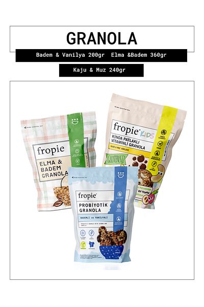 FROPİE Fropie Probiotic Almond & Vanilla - Apple & Almond - Kids Cashew & Banana Cubes Granola Set of 3