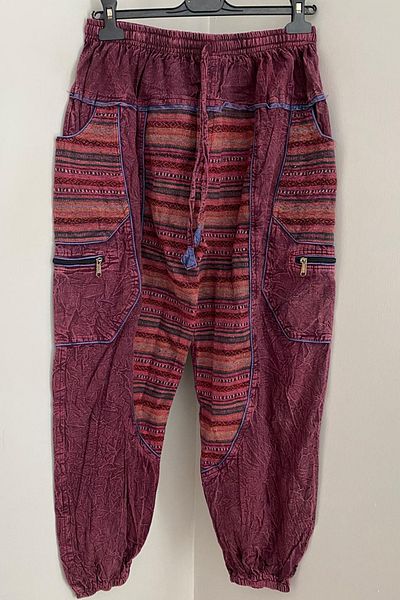 AYASOFYA OTANTIK Unisex Nepalese Burgundy Ethnic Pattern Loose Hippie Bohemian Trousers with Elastic Waist and Legs Cargo Pockets