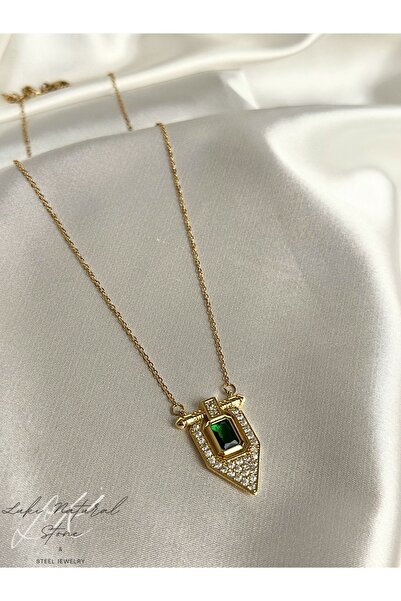 mismochi Zümrüt Yeşili Işıltılı Kalkan Kadın Çelik Kolye 316l Çelik