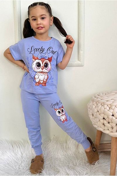 Yağmur Giyim Girl's Short Sleeve Suit with Owl Pattern Lilac Tracksuit