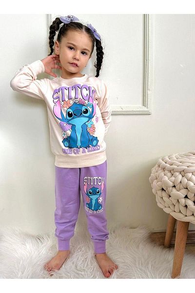 yagmurgiyim Pjk2I Stitch Patterned Lilac 2 Thread 100% Cotton Tracksuit Set for Girls 3-10 Years 7293-L