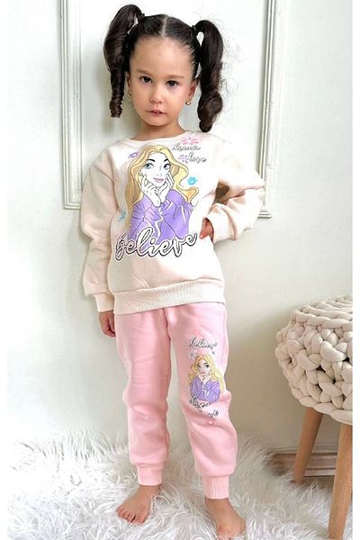 yagmurgiyim PJK3İ Believe Patterned Pink 3 Thread Rose Gold 100% βαμβακερό σετ φόρμας για κορίτσια 3-10 ετών 7348-P