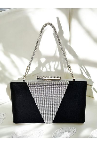 Wedding Fashion Culoare Neagră Satin Culoare Argintiu Cristal Piatră Mâner Femei Geantă Rochie De Seară Nuntă Absolvire Logodna