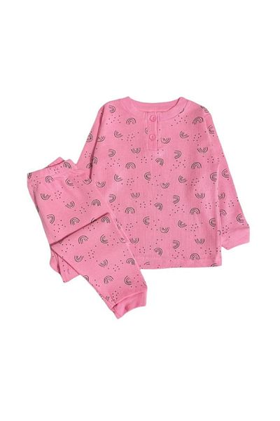 yagmurgiyim Pink Waffle Patterned 100% Cotton Children's Pajamas Set - 1-9 Years 4034