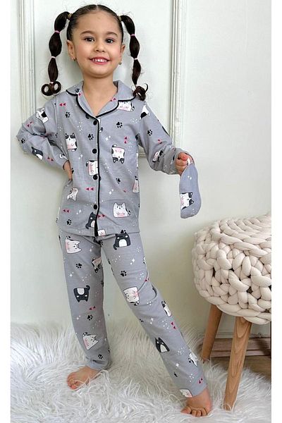 Yağmur Giyim Catlike Pattern Long Sleeve Girl Pajamas Set for 4-12 Years Old 540U-L Model