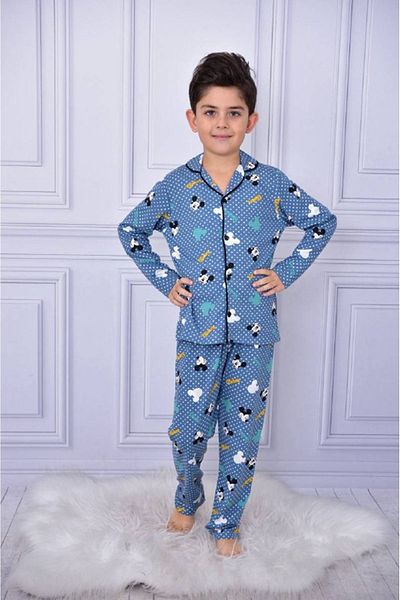 yagmurgiyim Set pijamale albastre cu model Mickey pentru baieti - maneca lunga, nasture frontale, 4-12 ani 708u