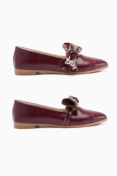 Limoya Joselin Burgundy Crinkled Patent Leather Ballerina Ballerina with Bow Accessories